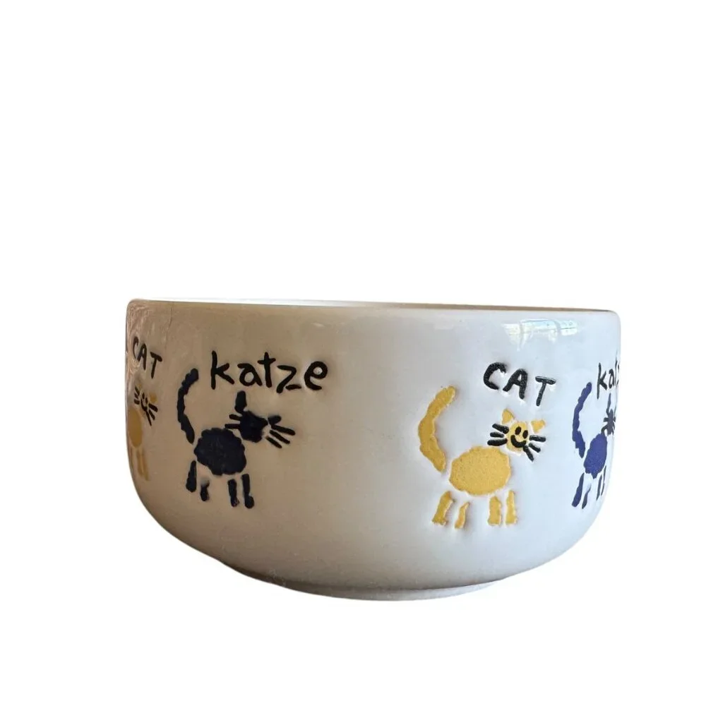 Vintage Waechtersbach Cat Food Water Bowl Ceramic Multiple languages Graphics